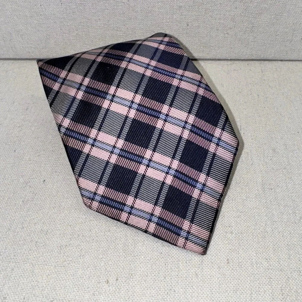 Dehavilland Plaid Tie Mens OS Navy Pink Silk Classic Business Preppy Dapper